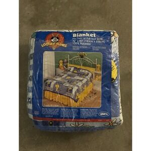 Vintage Looney Tunes Tweety Blue Gingham Daisy Blanket Full Twin Sealed NOS